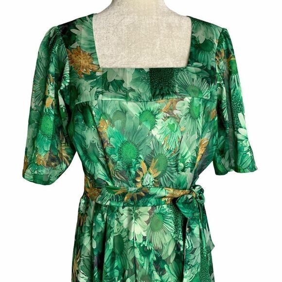 Vintage Floral Maxi Dress M Green Square Neck - Picture 2 of 8